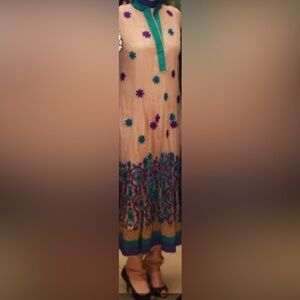 Cream and Teal Floral Embroidered Dress